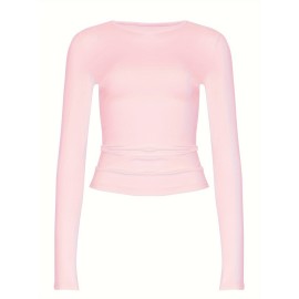 Women's Solid Color Casual T-Shirt with Long Sleeves and Slight Stretch - Comfortable Crew Neck Sports Tee