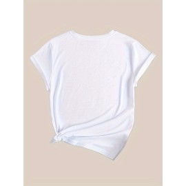 Heart & Letter Print Casual T-Shirt, Round Neck Short Sleeves Mid-Stretch Sports Tee, Women's Activewear