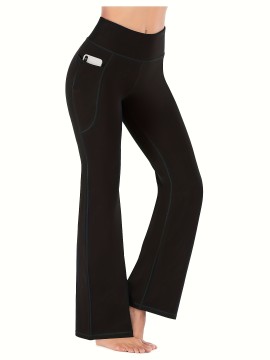 High Stretchy Soft Solid Sports Flare Pants with Butt Lifting and Pocket for Women's Activewear