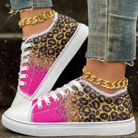 Women's Leopard Print Canvas Shoes - Casual Glitter Sequins Lace Up Sneakers